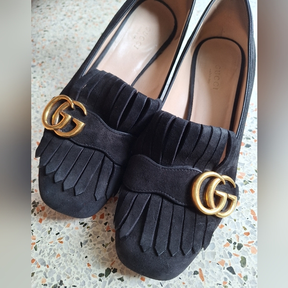 Gucci Marmont Suede Fringe GG Logo‎ Loafer Pumps - Picture 3 of 17